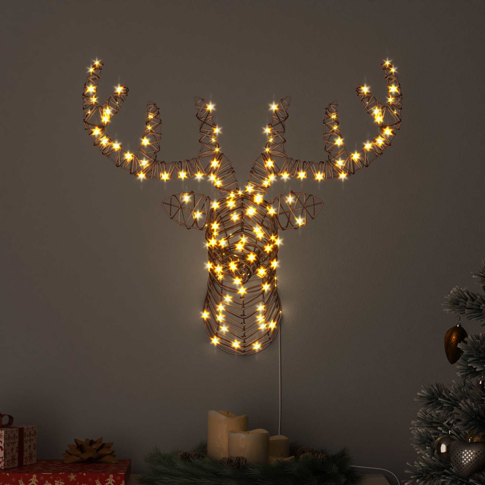 vidaXL Sanie cu ren cu 140 LED Alb cald 68 x 36,5 x 62,5 cm Ratan