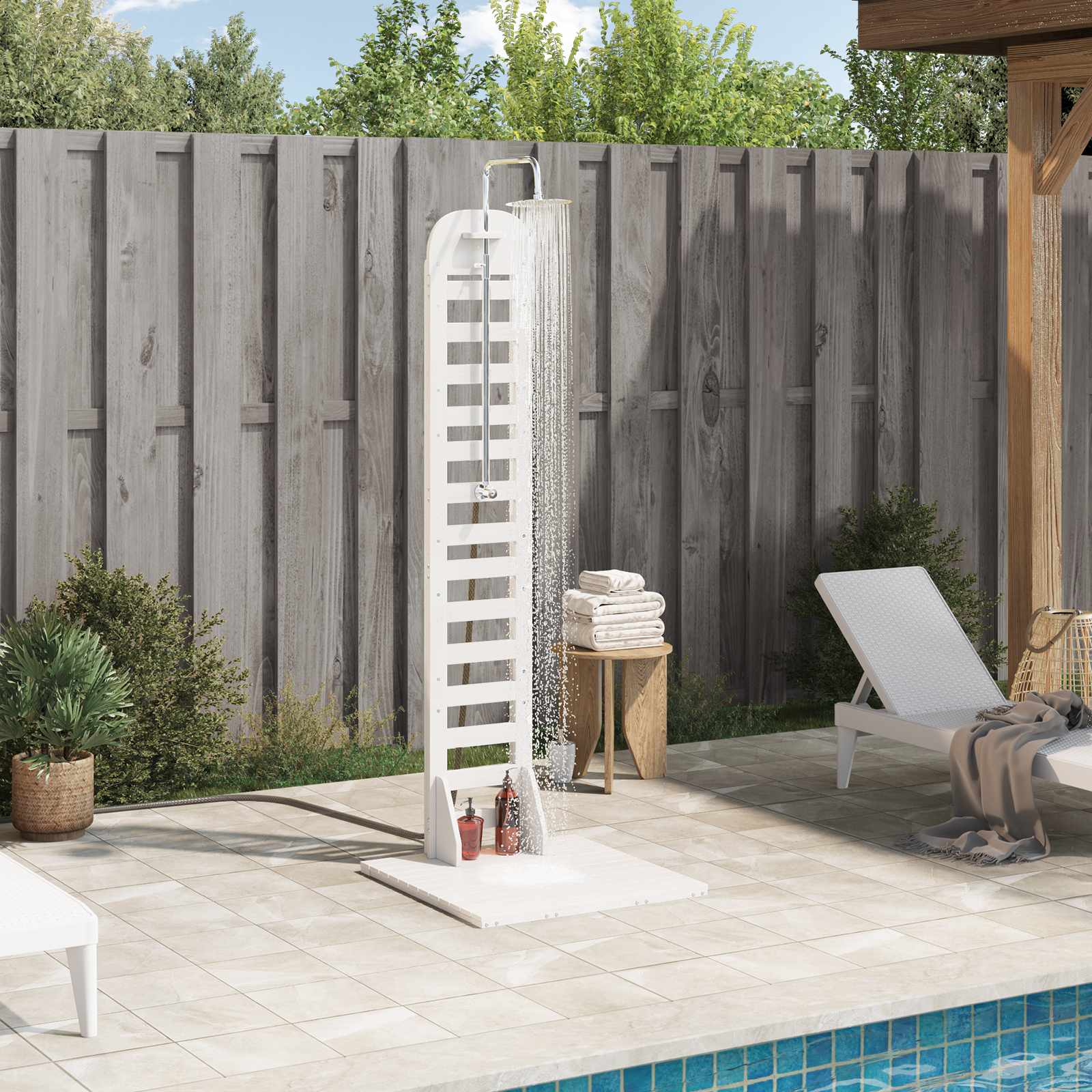 vidaXL Duș exterior 223 cm Lemn masiv de pin și oțel inoxidabil Alb