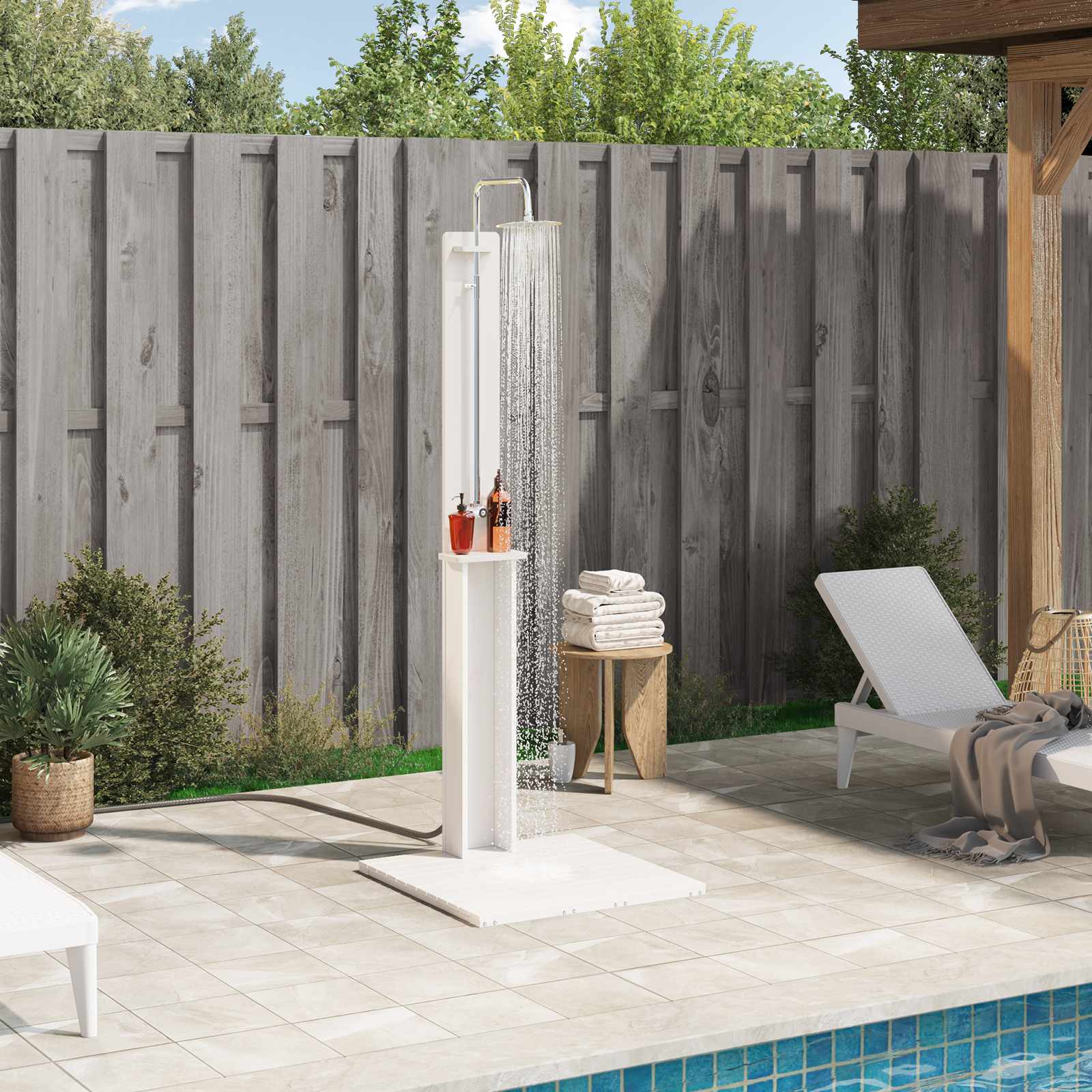 vidaXL Duș exterior 206 cm Lemn masiv de pin și oțel inoxidabil Alb