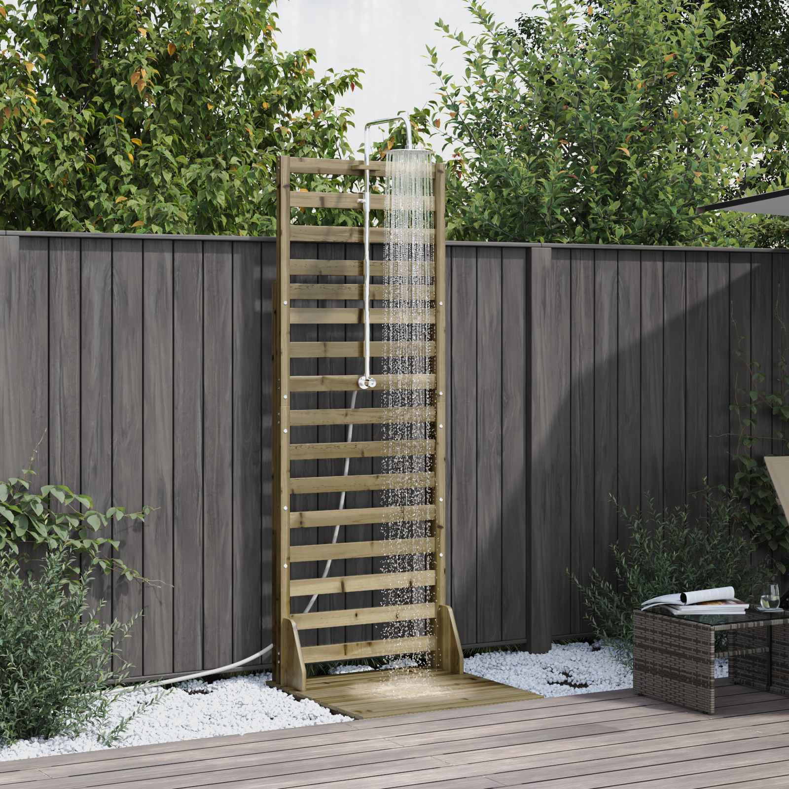 vidaXL Duș exterior 225 cm Lemn de pin impregnat și oțel inoxidabil