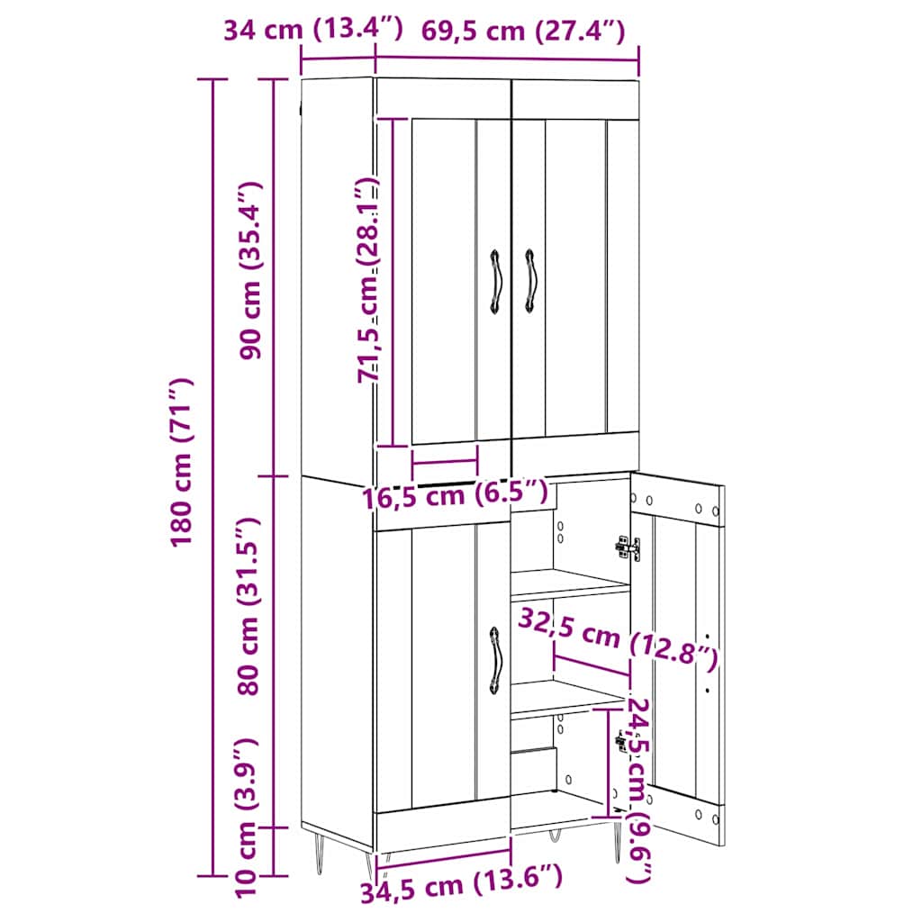 Vysoký bufet Staré dřevo 69,5 x 34 x 180 cm kompozitní dřevo - obrázek 15