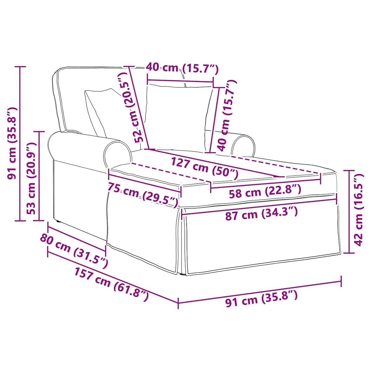 Chaise lounge med volant 3 stk. Stof 91 x 157 x 91 cm - Billede 11
