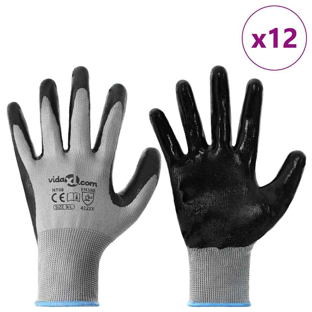 Munkakesztyűk 12 pcs Szürke és fekete 9 / l Poliészter 