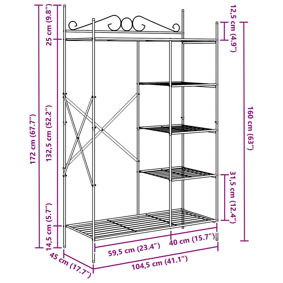 Åben Garderobe med hylde Sort 104,5 x 45 x 172 cm Stål - Billede 10