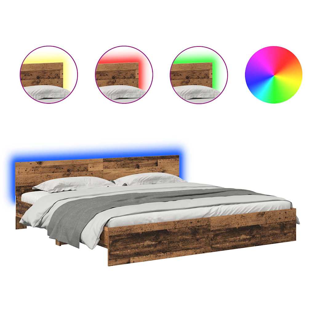 Voodi raam LED -ribatuledega Vana puit 200 x 200 cm Tehispuit - Image 2