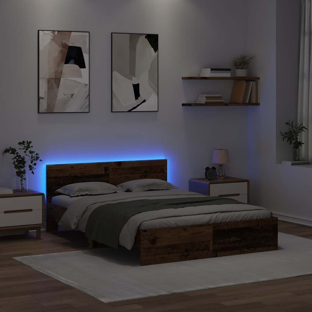 Voodi raam LED -ribatuledega Vana puit 150 x 200 cm Tehispuit - Image 4