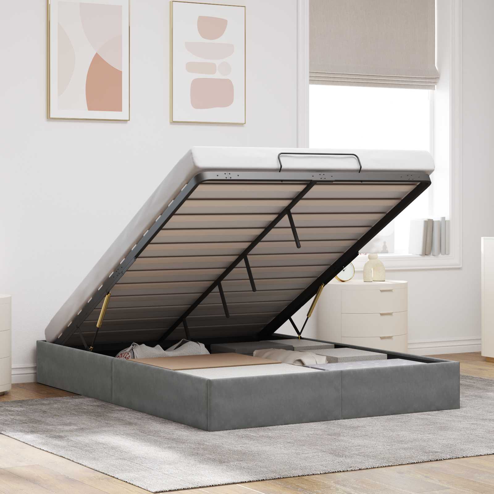 Ottoman Bedframe Donkergrijs 153 x 203 cm Fluweel – afbeelding 1