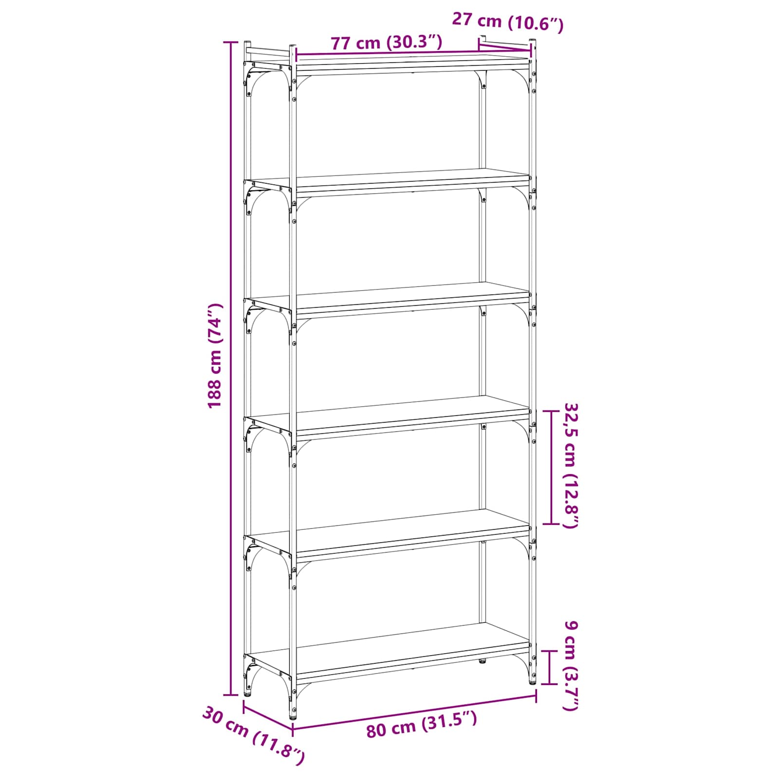 Bookcase 6 Tier size guide