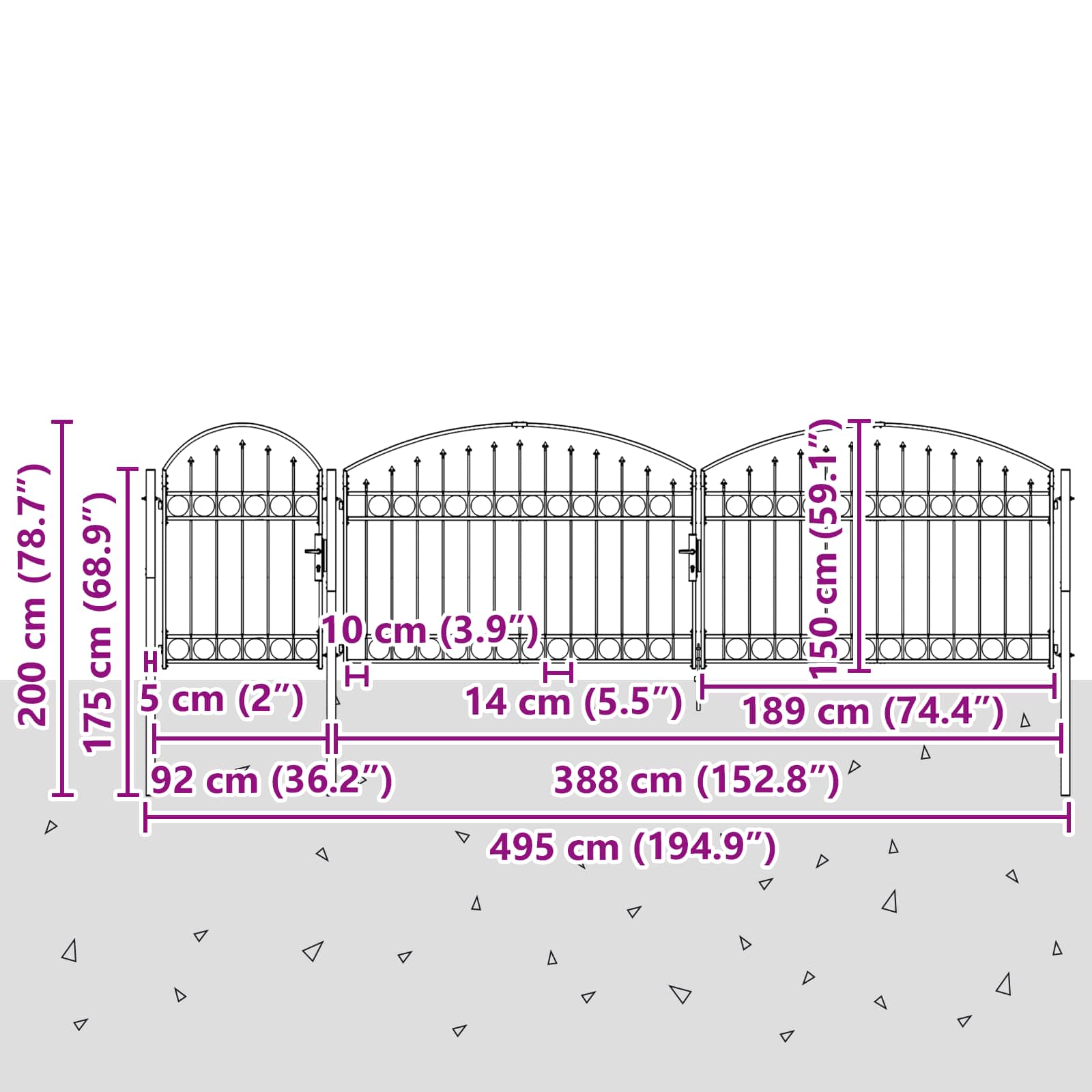 vidaXL Gartentor mit gewölbtem Oberteil Grau 500 x 100 cm Stahl – Bild 8