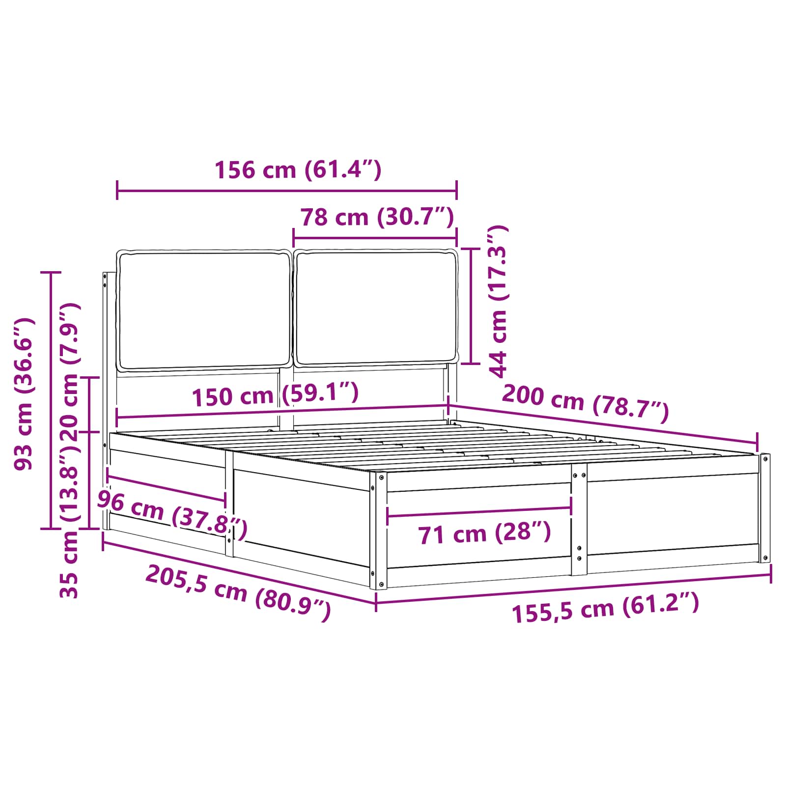 Voodiraam Pehme Peatoega peaga Tumehall 150 x 200 cm Tahke mänd - Image 11