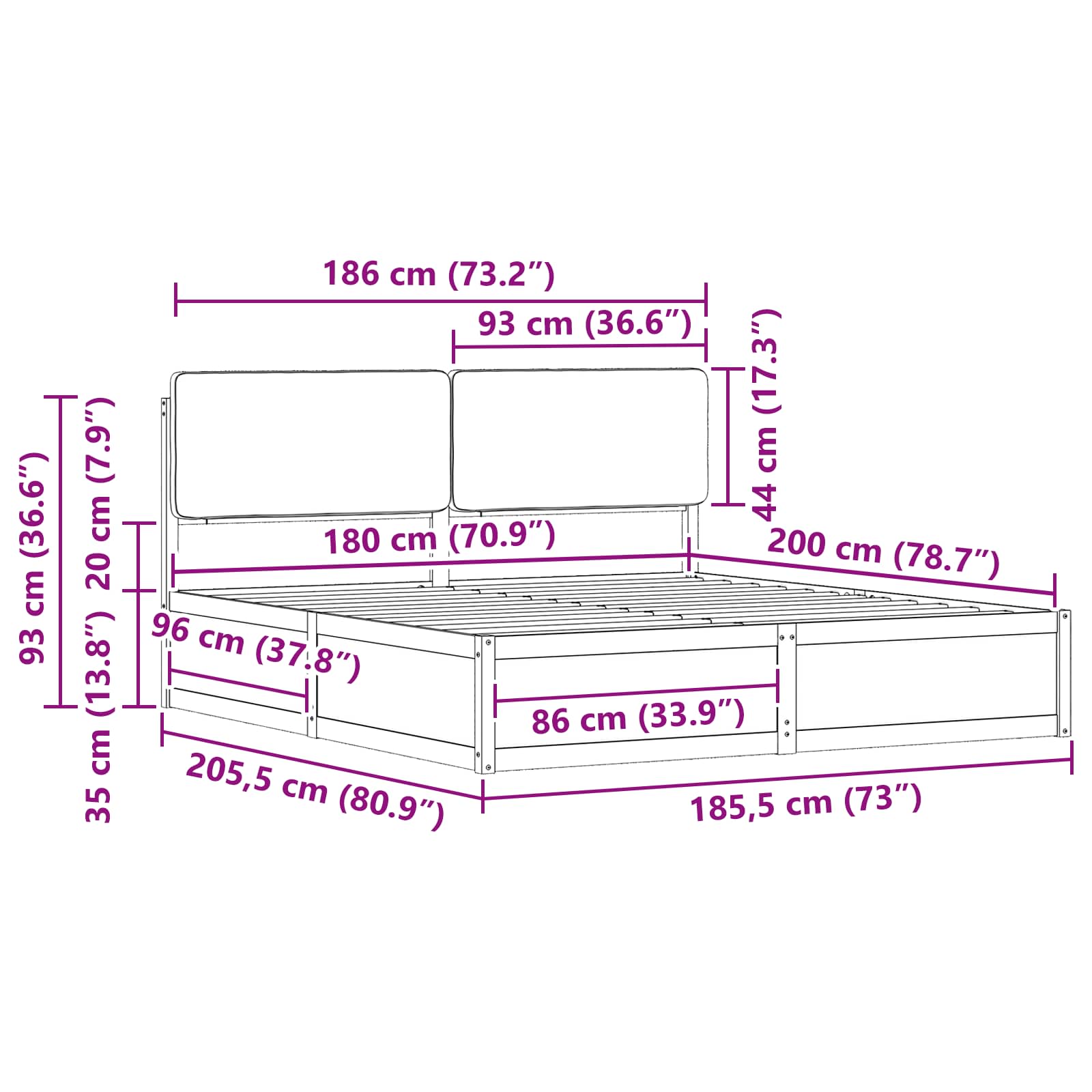 Voodiraam Pehme Peatoega peaga Must 180 x 200 cm Tahke mänd - Image 11