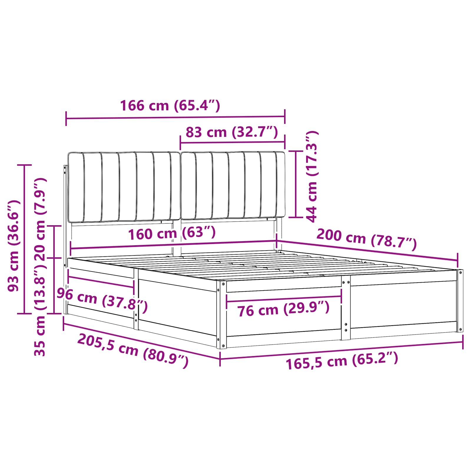 Voodiraam Pehme Peatoega peaga Must 160 x 200 cm Tahke mänd - Image 11