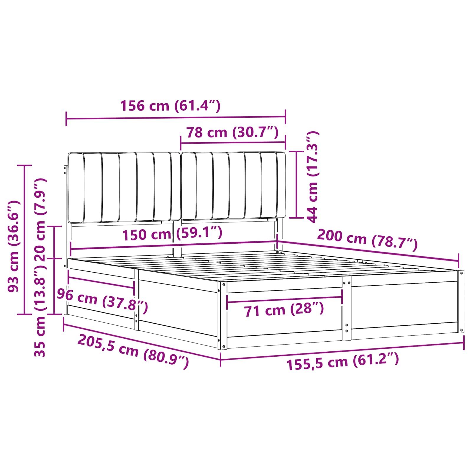 Voodiraam Pehme Peatoega peaga Tumehall 150 x 200 cm Tahke mänd - Image 11