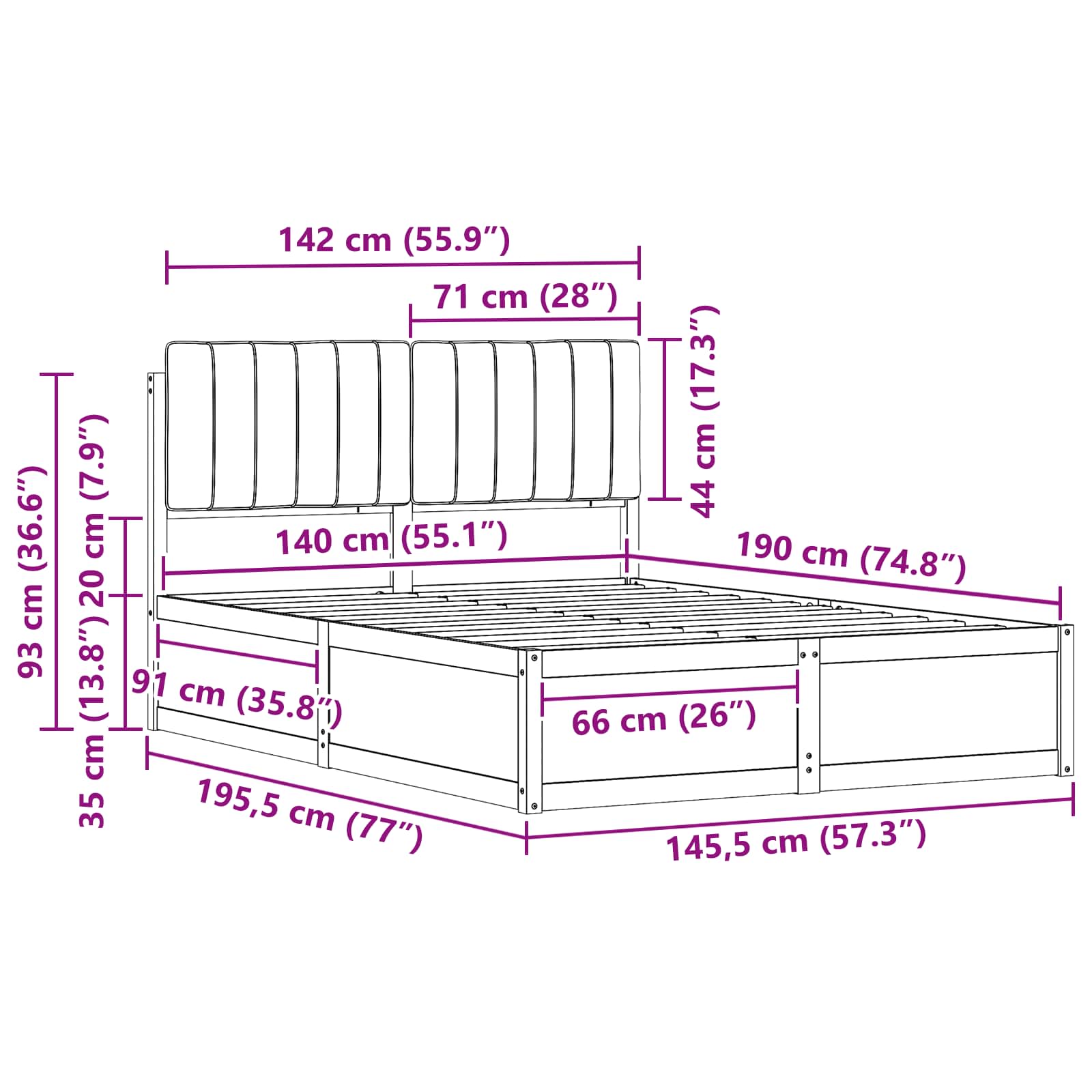 Voodiraam Pehme Peatoega peaga Helehall 140 x 190 cm Tahke mänd - Image 11