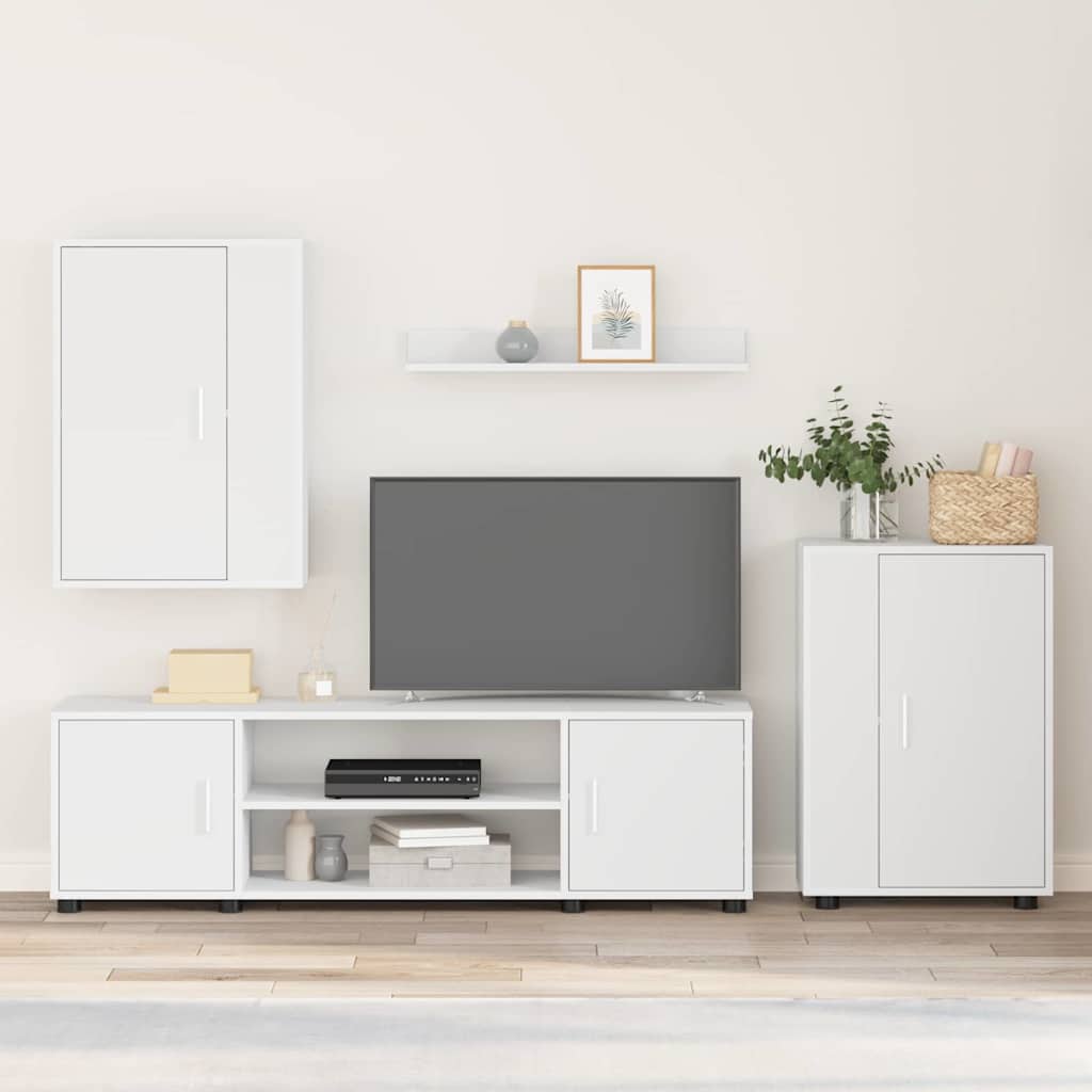 4 Piece TV Cabinet Set with Shelf Wall-mounted with Storage with Door Manual 4 pcs White Engineered wood
