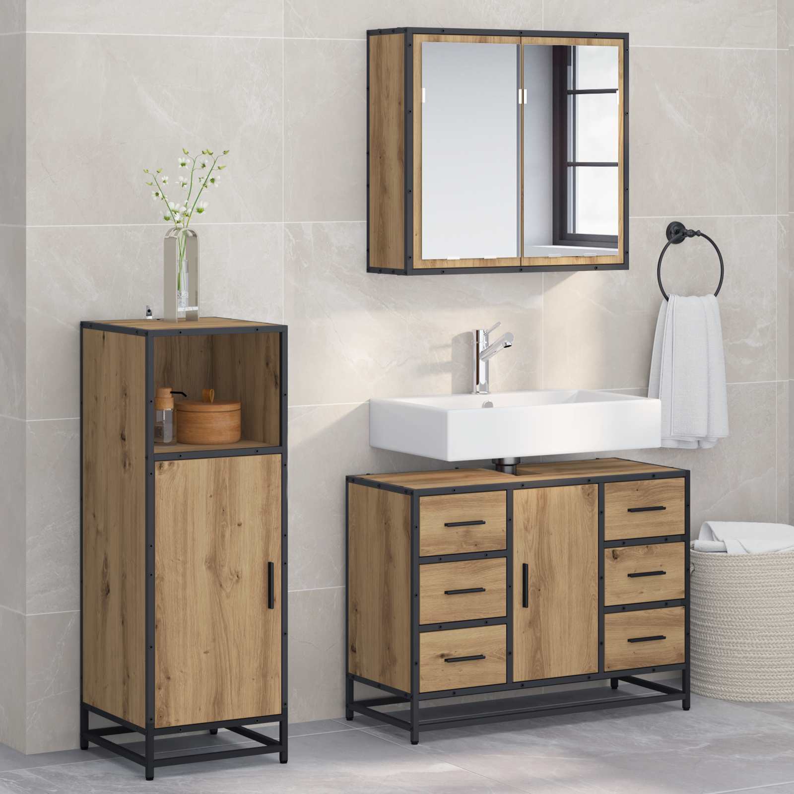 vidaXL Set de mobilier pentru baie cu sertar 3 pcs Stejar Artizanal