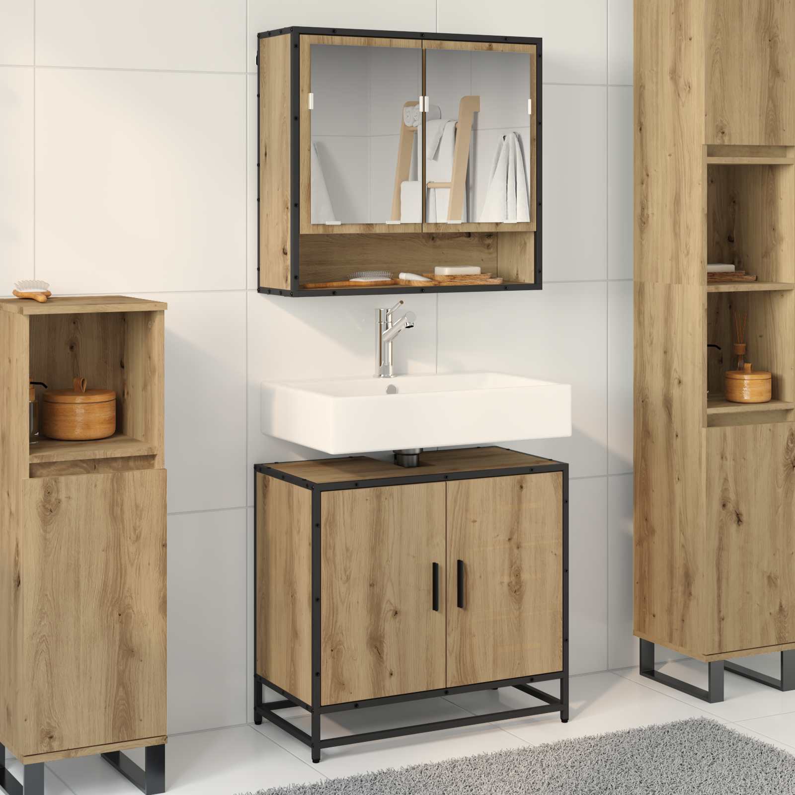 Vannitoa mööbleset riiuliga uksega 2 pcs Käsitööpuu Tehispuit