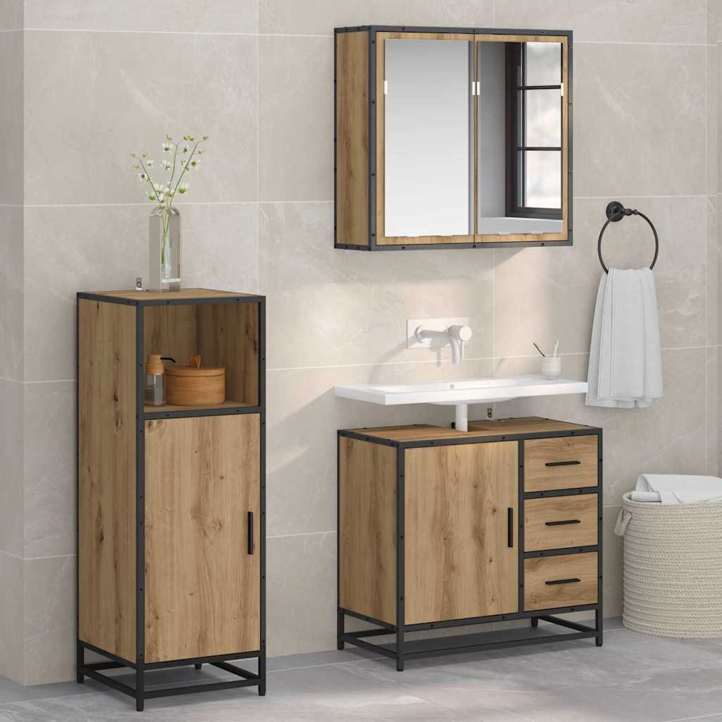 Seturi de mobilier pentru baie - Set de mobilier pentru baie cu sertar 3 pcs stejar artizanal