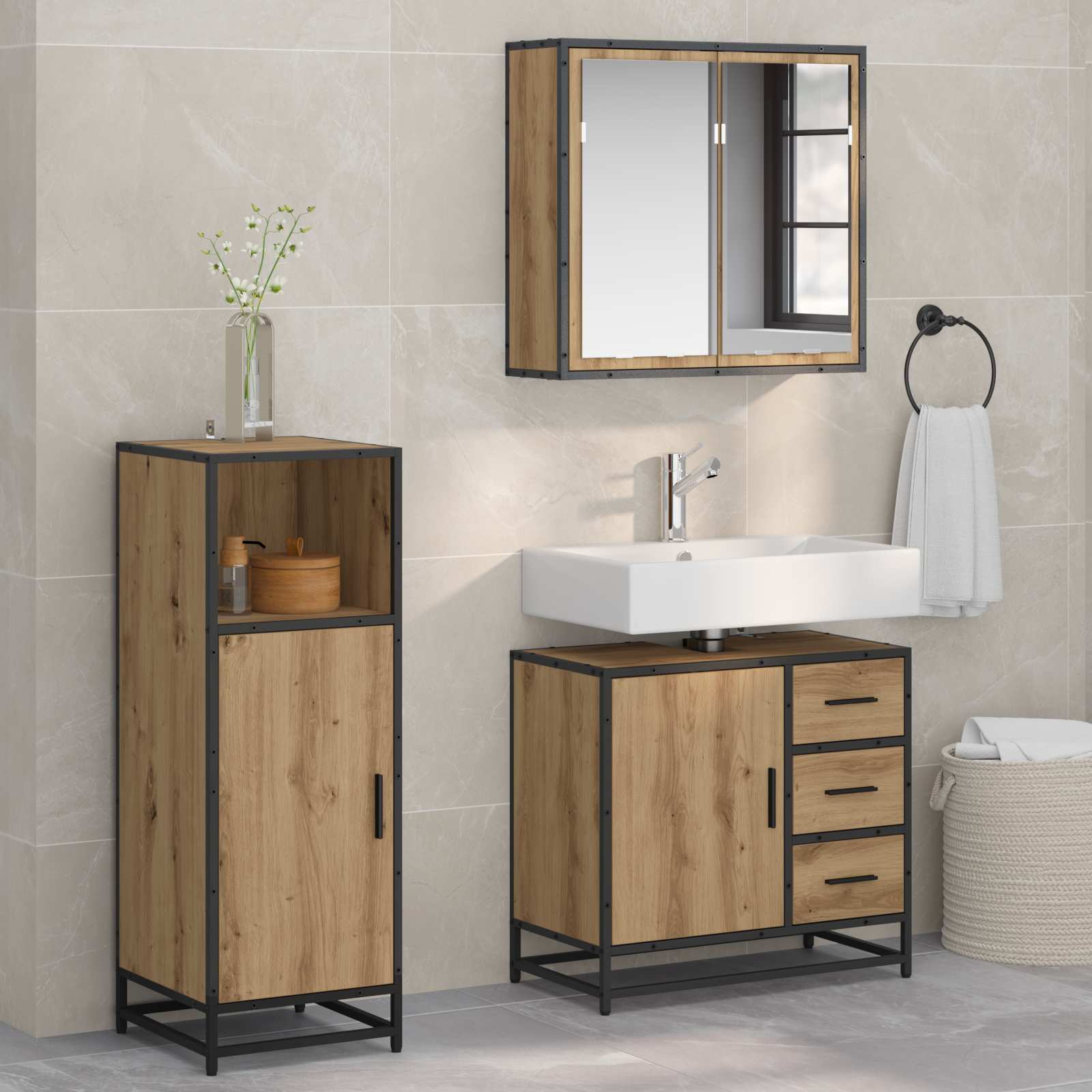 vidaXL Set de mobilier pentru baie cu sertar 3 pcs Stejar Artizanal