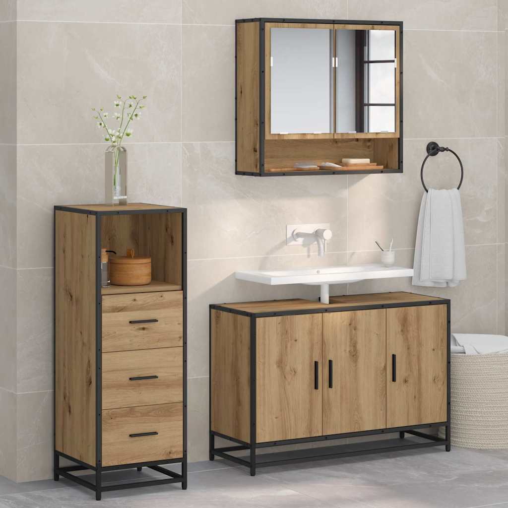 Seturi de mobilier pentru baie - Set de mobilier pentru baie cu sertar 3 pcs stejar artizanal