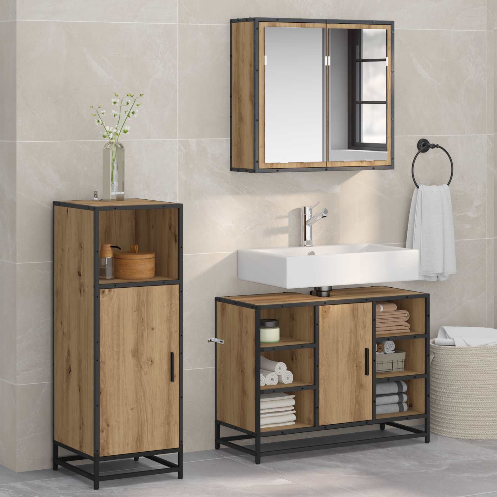 Vannitoa mööbleset riiuliga uksega 3 pcs Käsitööpuu Tehispuit