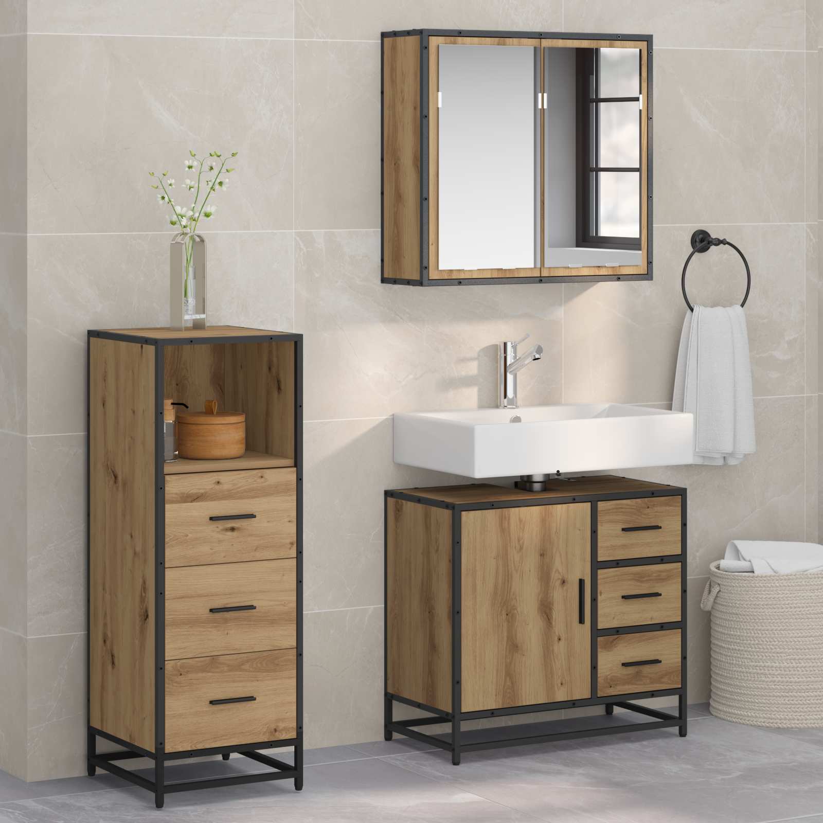 vidaXL Set de mobilier pentru baie cu sertar 3 pcs Stejar Artizanal