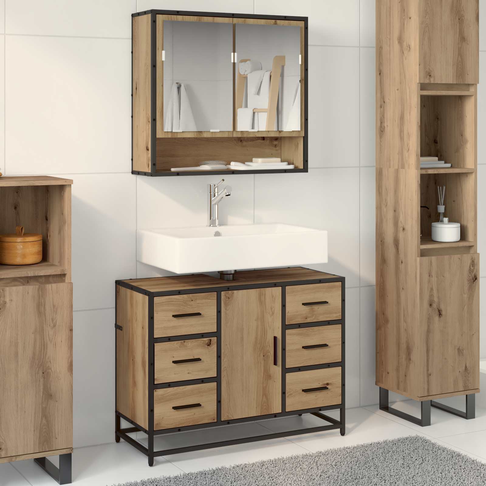 Kylpyhuonekalustesetti ovella 2 pcs Artisan tammi Tekninen puu
