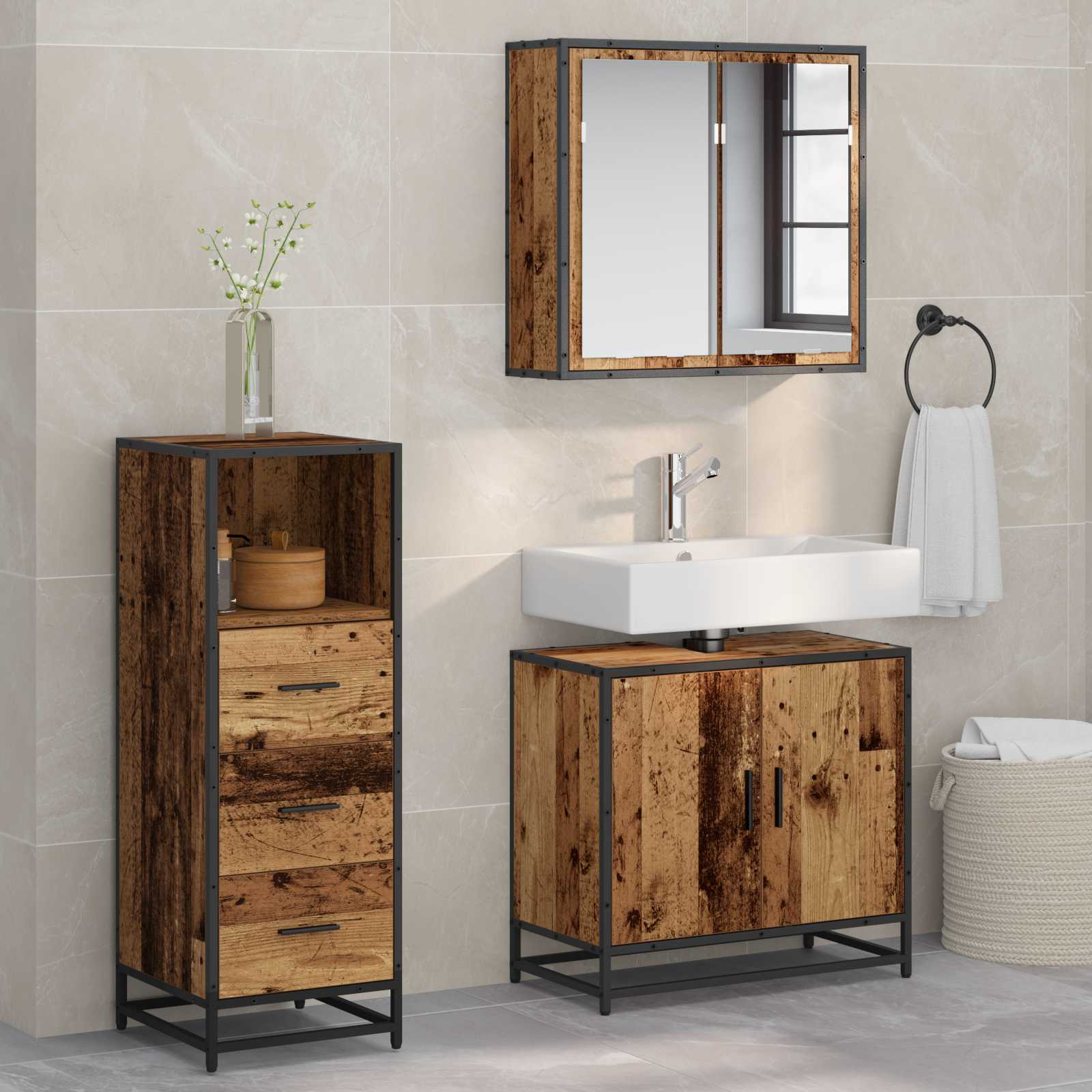 vidaXL Set de mobilier pentru baie 3 pcs Lemn Vechi Lemn compozit
