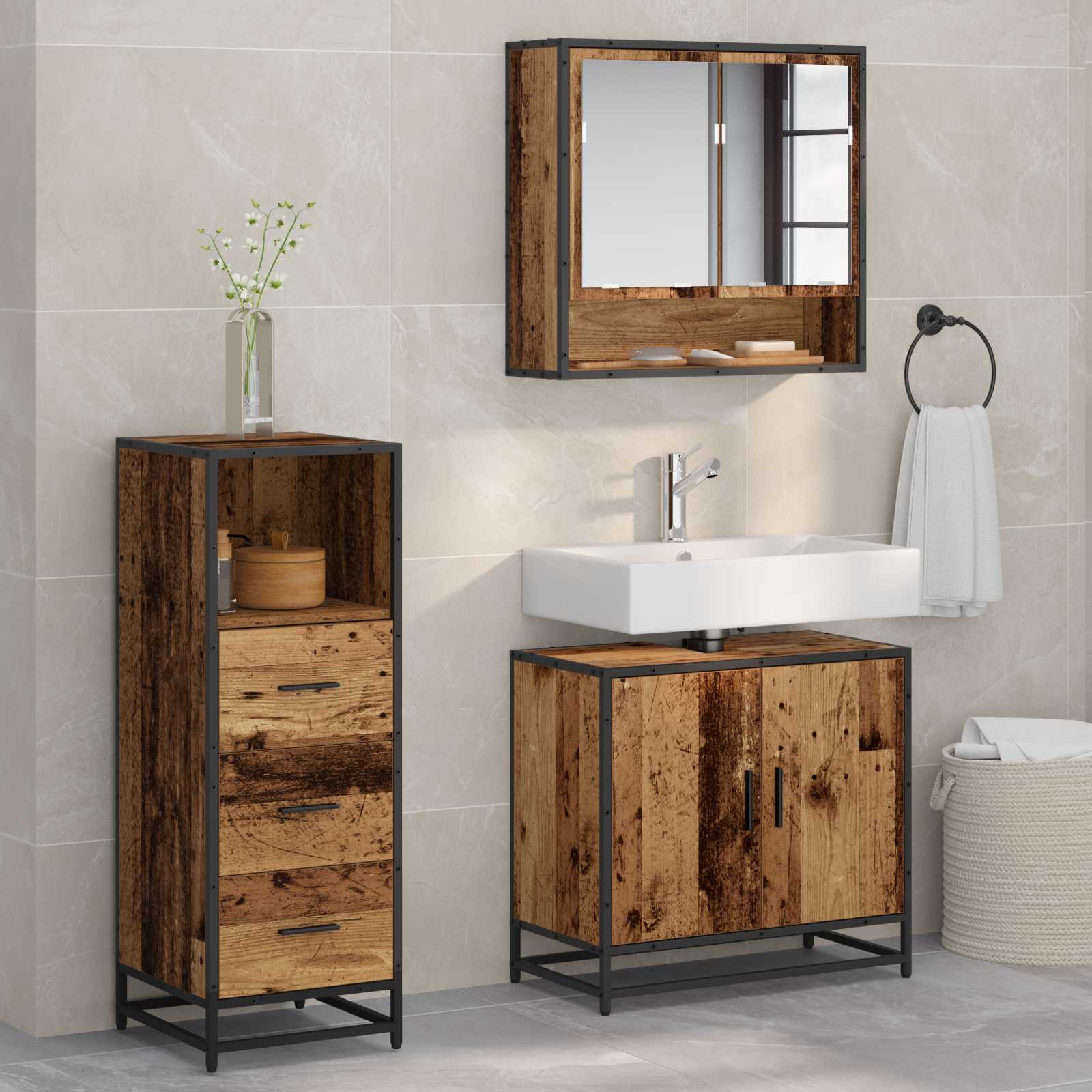 Vannitoa mööbleset sahtliga riiuliga 3 pcs Vana puit Tehispuit