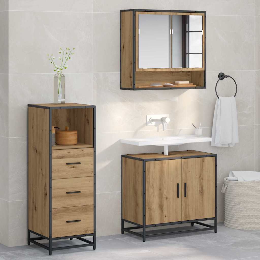 Seturi de mobilier pentru baie - Set de mobilier pentru baie cu sertar 3 pcs stejar artizanal