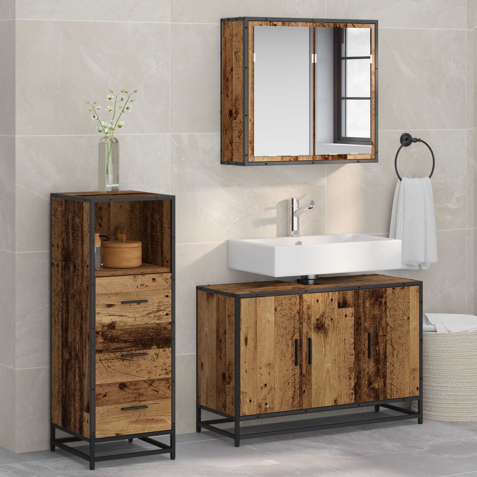 Vannitoa mööbleset sahtliga riiuliga 3 pcs Vana puit Tehispuit