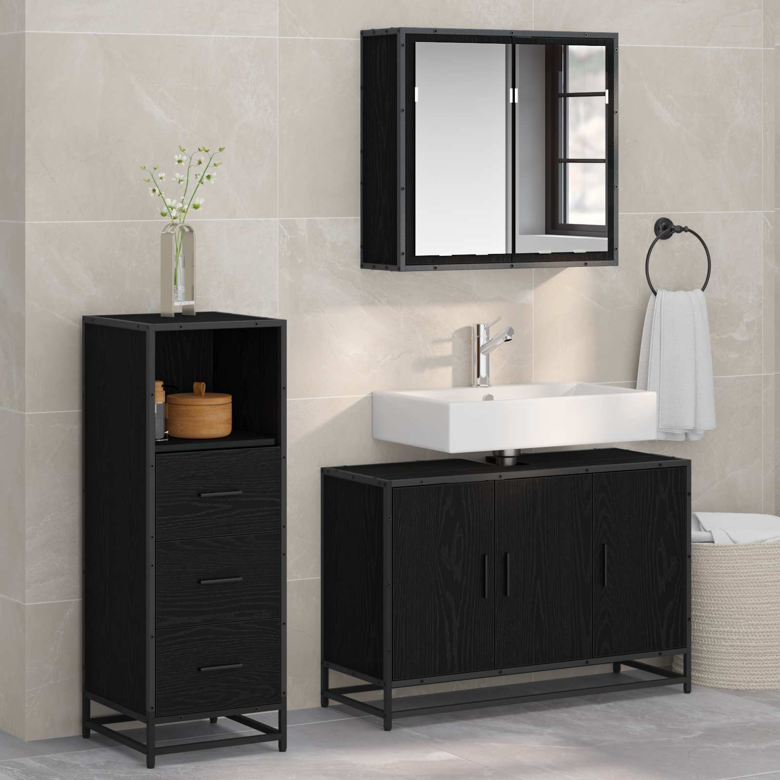 vidaXL Set de mobilier pentru baie 3 pcs Stejar Negru Lemn compozit
