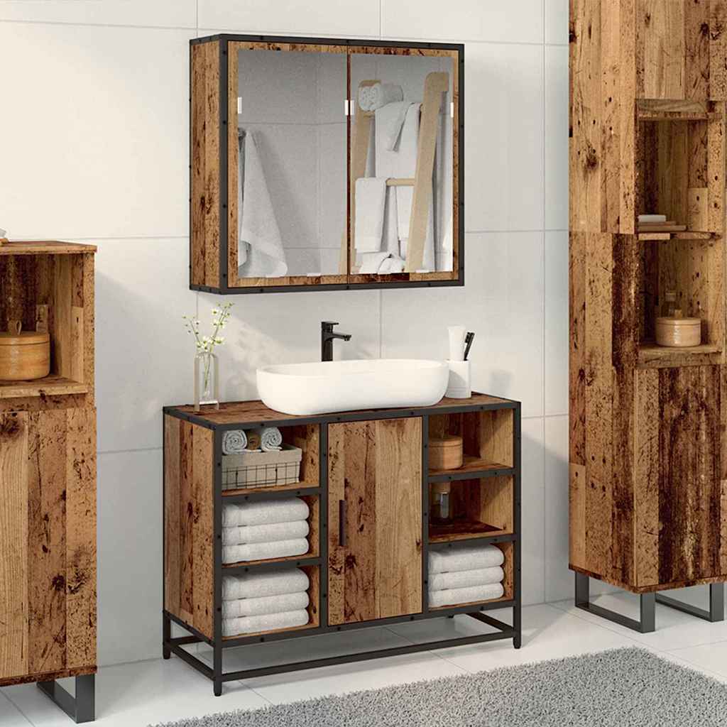 Seturi de mobilier pentru baie - Set de mobilier pentru baie 2 pcs Lemn vechi 80 x 33 x 60 cm