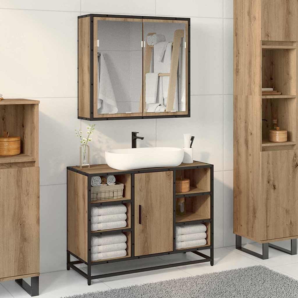 Seturi de mobilier pentru baie - Set de mobilier pentru baie Pe perete 2 pcs stejar artizanal