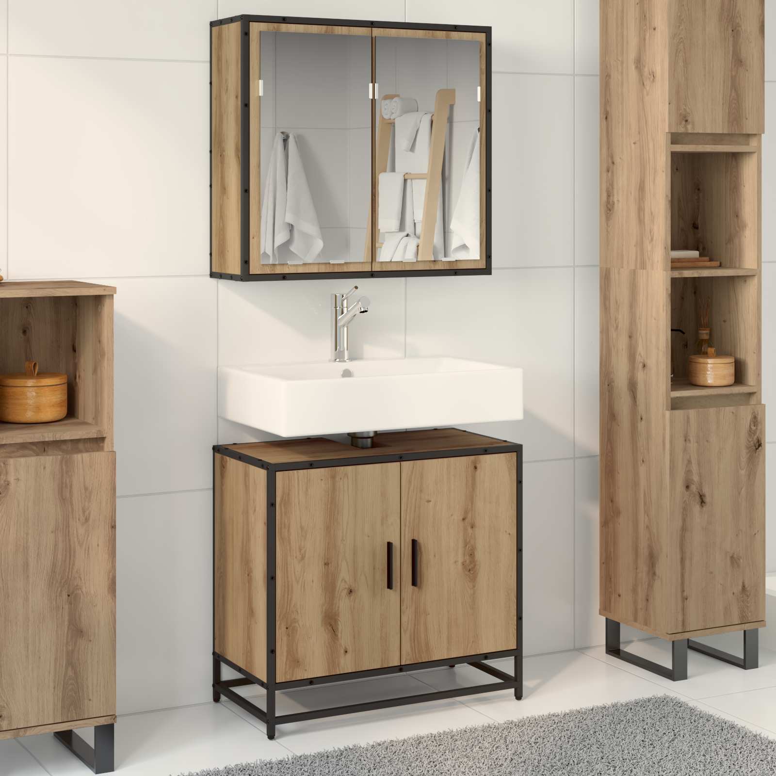 Vannitoa mööbleset riiuliga uksega 2 pcs Käsitööpuu Tehispuit