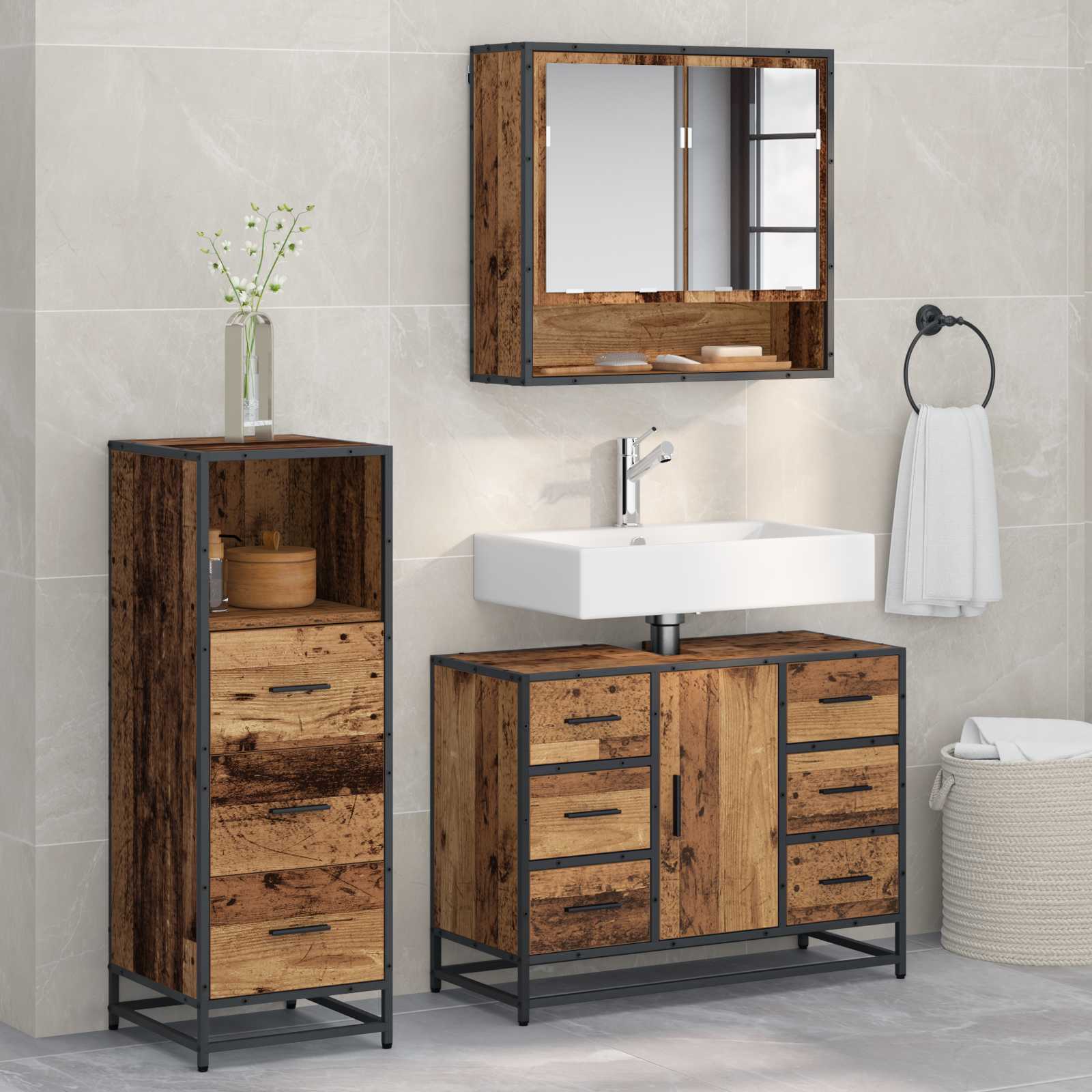 vidaXL Set de mobilier pentru baie 3 pcs Lemn Vechi Lemn compozit