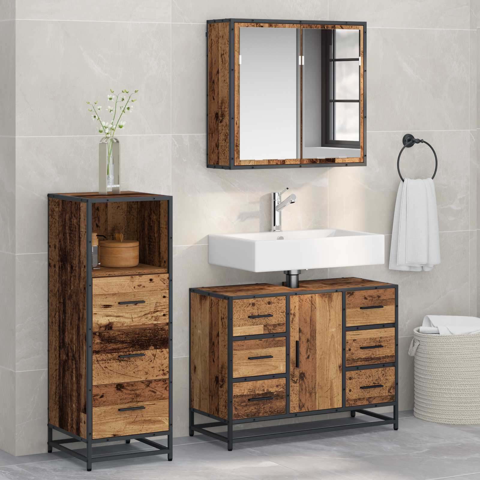 vidaXL Set de mobilier pentru baie 3 pcs Lemn Vechi Lemn compozit