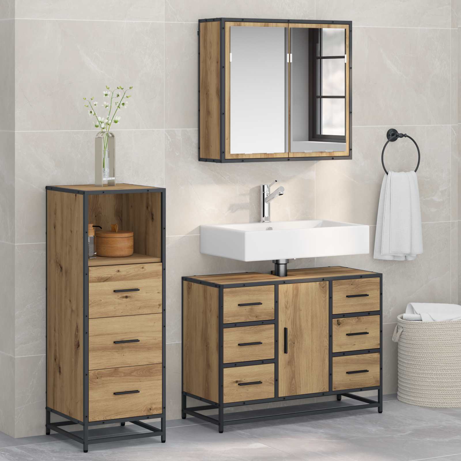 vidaXL Set de mobilier pentru baie cu sertar 3 pcs Stejar Artizanal