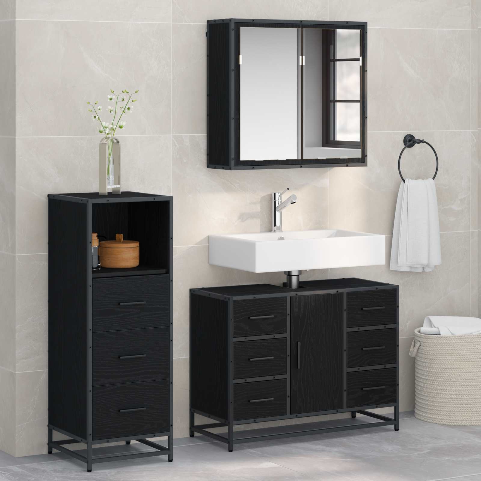 vidaXL Set de mobilier pentru baie 3 pcs Stejar Negru Lemn compozit