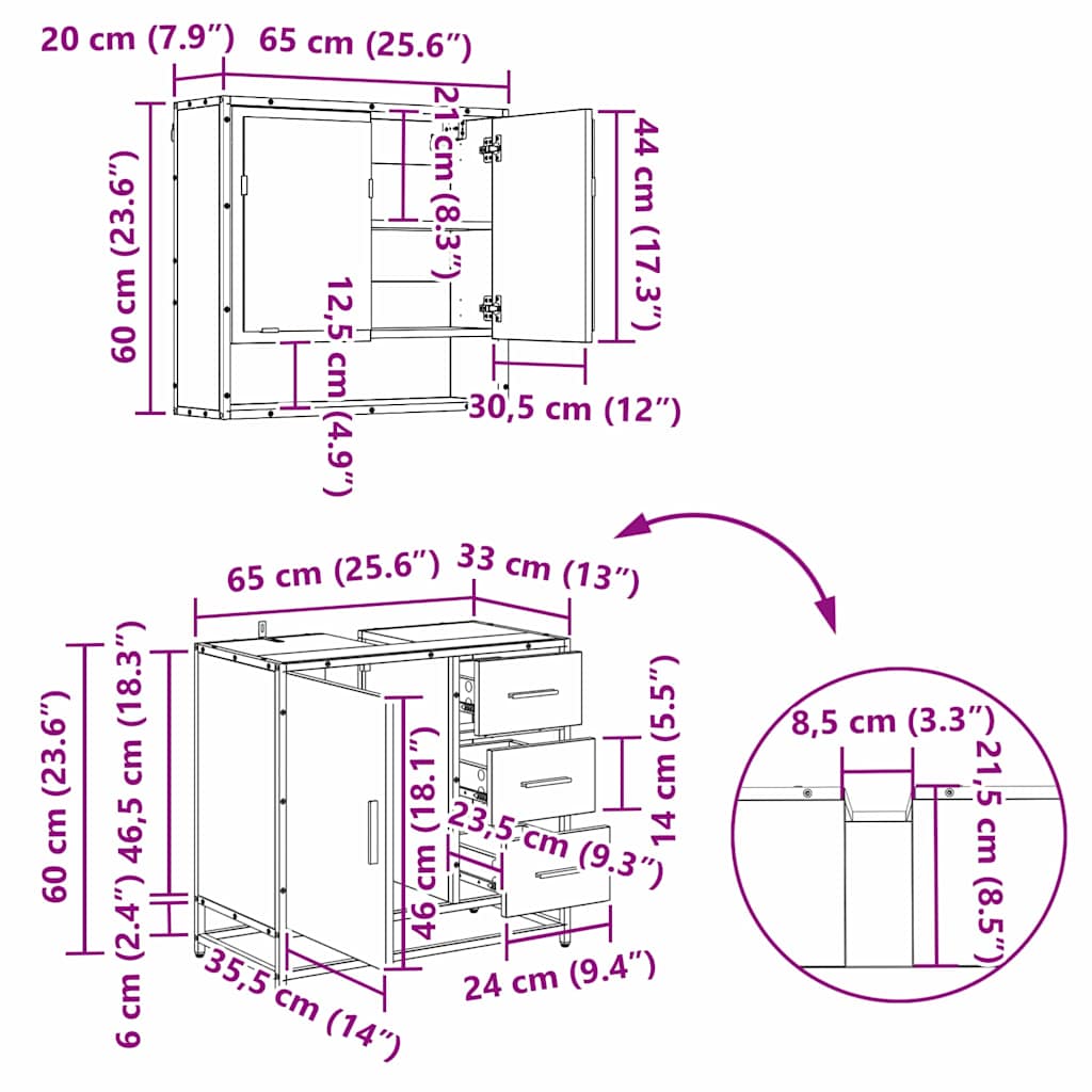 Sada koupelnového nábytku 3 pcs Černý dub kompozitní dřevo - obrázek 19