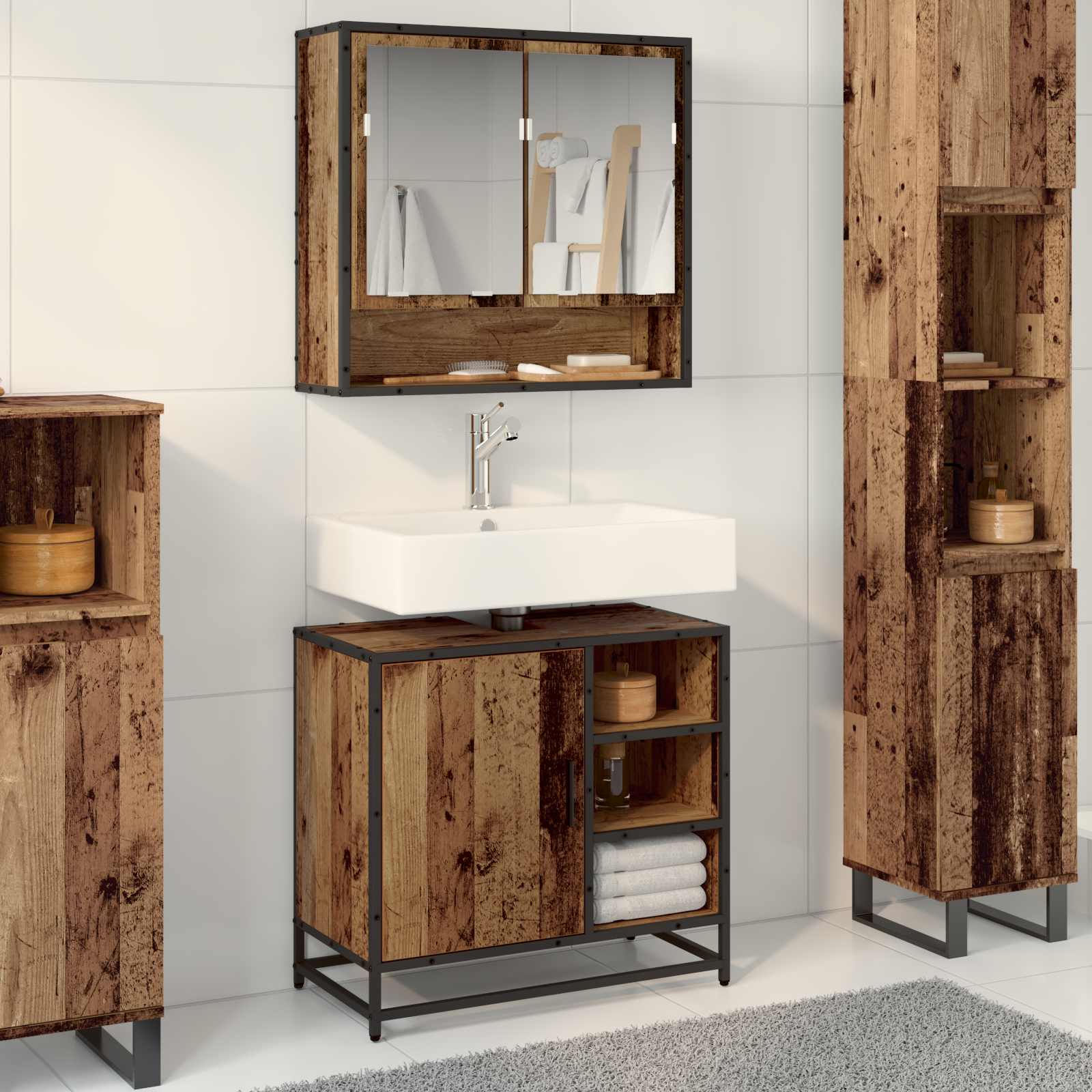 Vannitoa mööbleset sahtliga riiuliga 2 pcs Vana puit Tehispuit