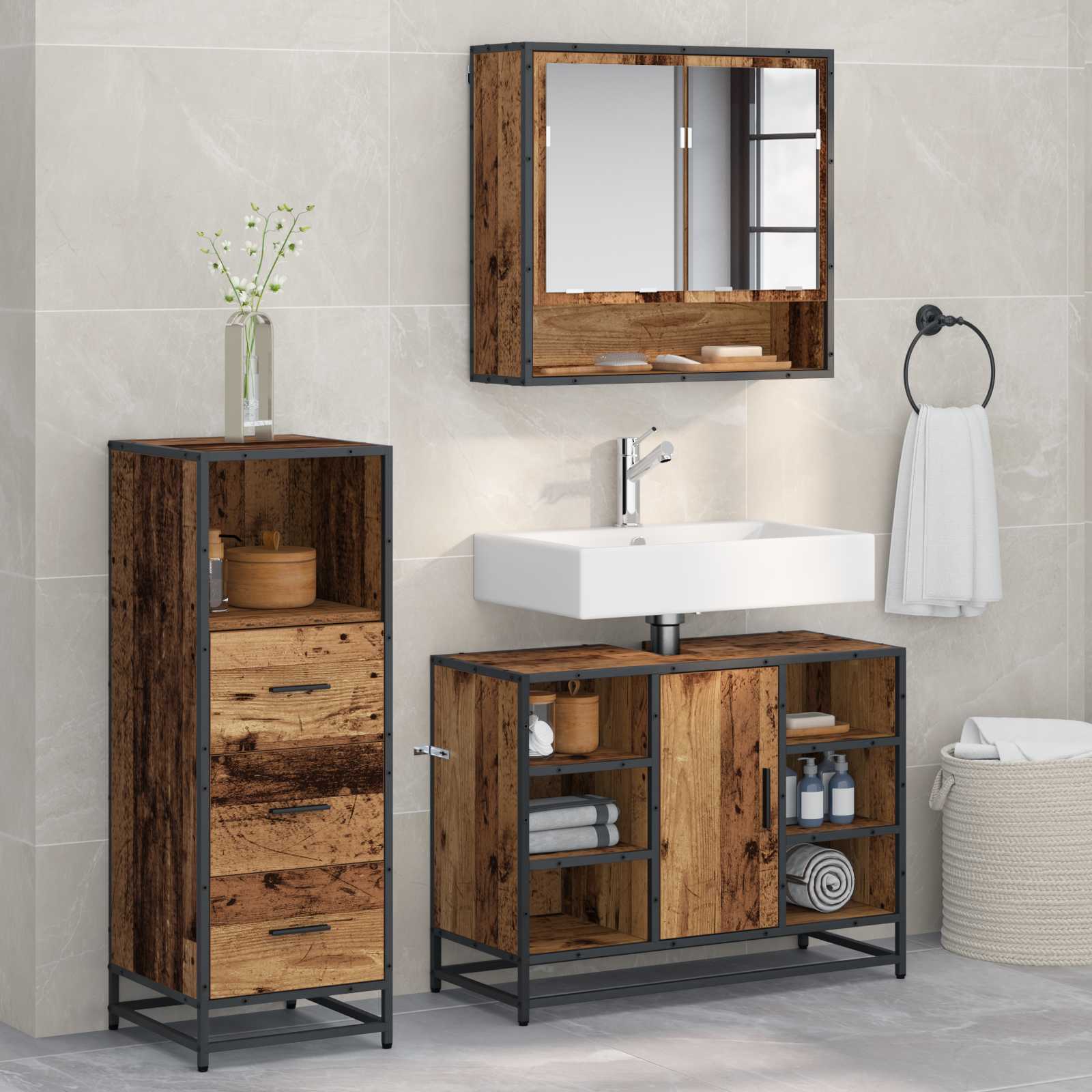 vidaXL Set de mobilier pentru baie 3 pcs Lemn Vechi Lemn compozit