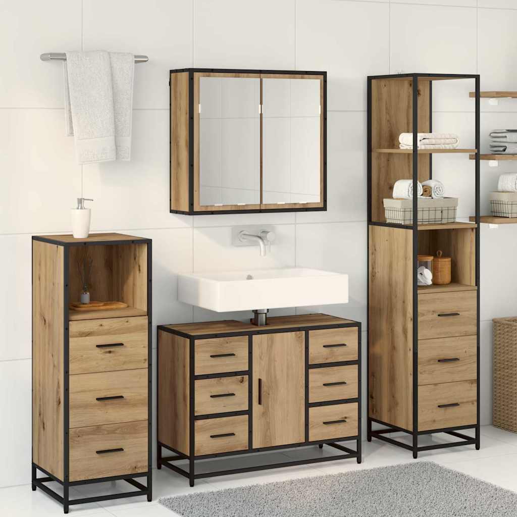Kylpyhuonekalustesetti 4 pcs artesaani tammi Tekninen puu - Image 4