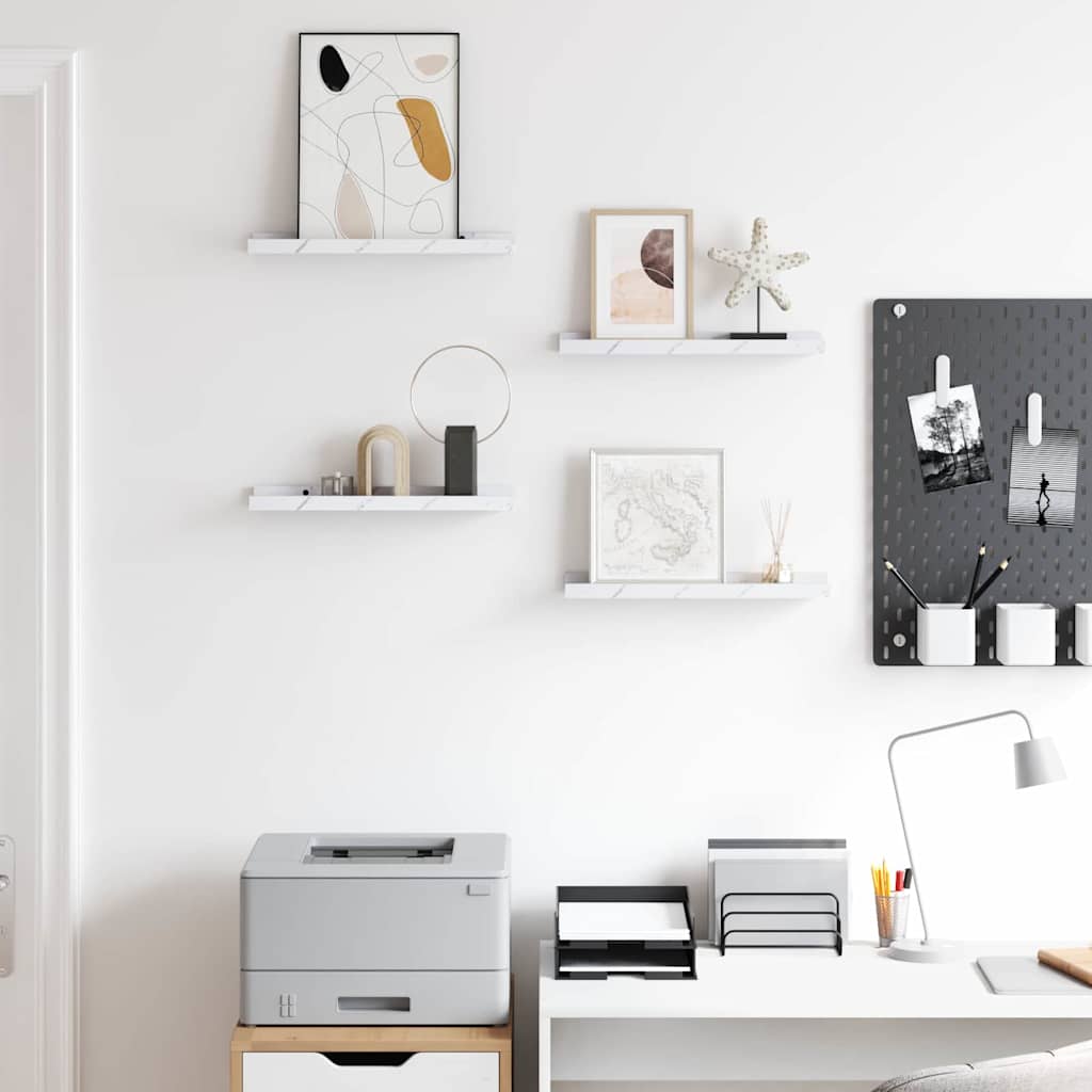 Seinähylly 4 pcs Valkoinen marmori 40 x 9 x 3 cm Tekninen puu - Image 4