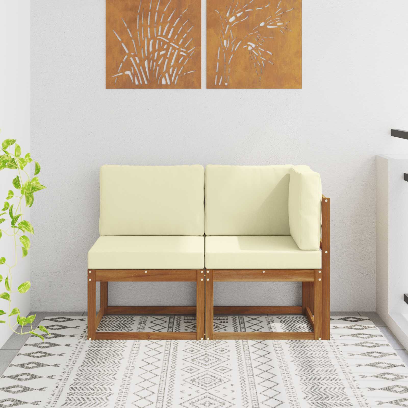 vidaXL Outdoor Mittel- und Ecksofa mit Kissen 2 Stück Natur und Creme
