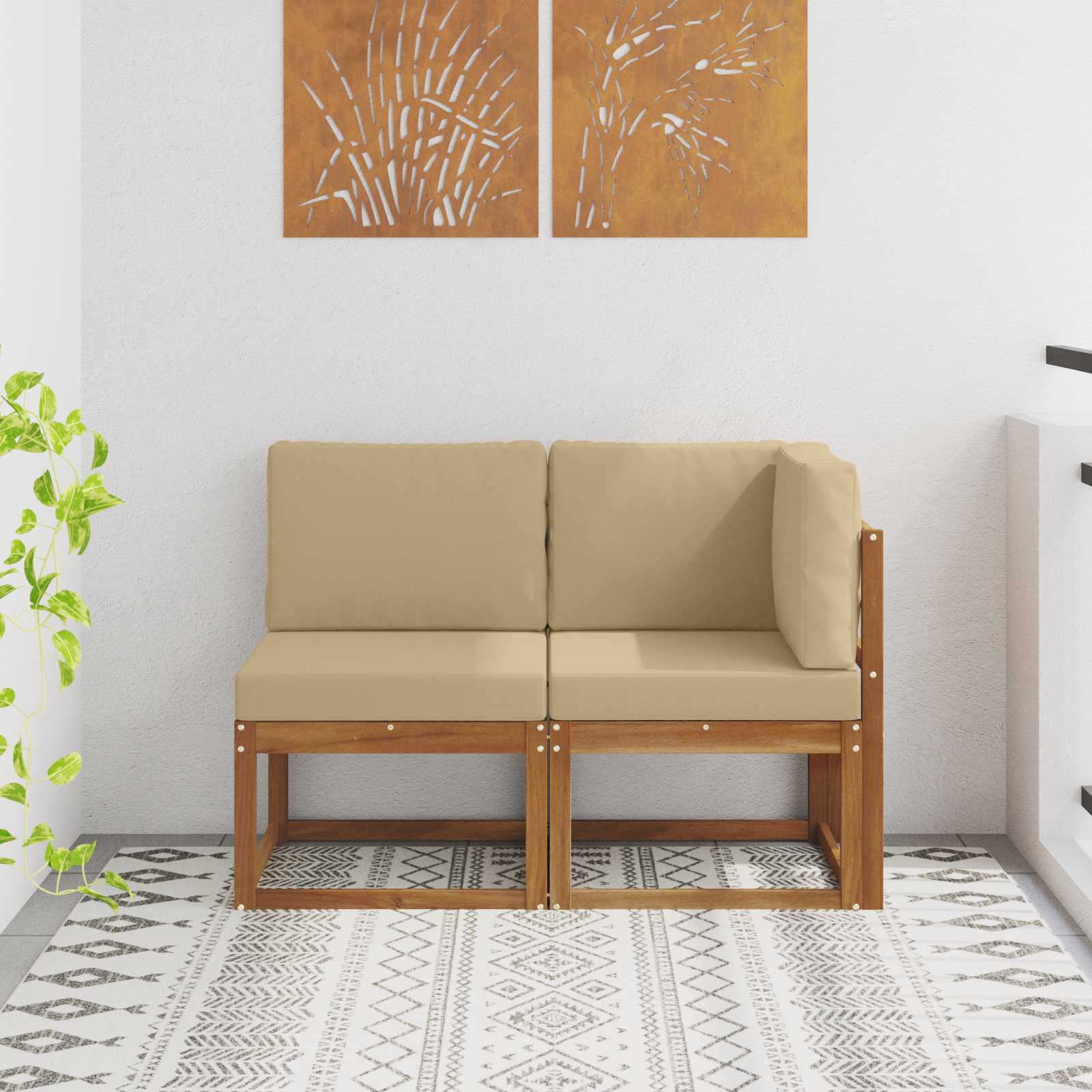 vidaXL Outdoor Mittel- und Ecksofa mit Kissen 2 Stück Natur und Beige