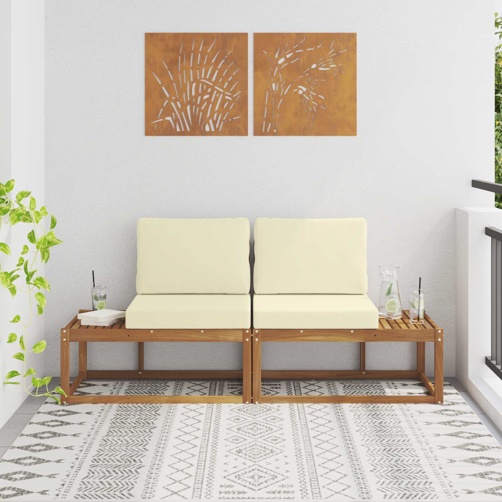 vidaXL Outdoor End Sofa 2 Stück Natur und Creme Massivholz Akazie