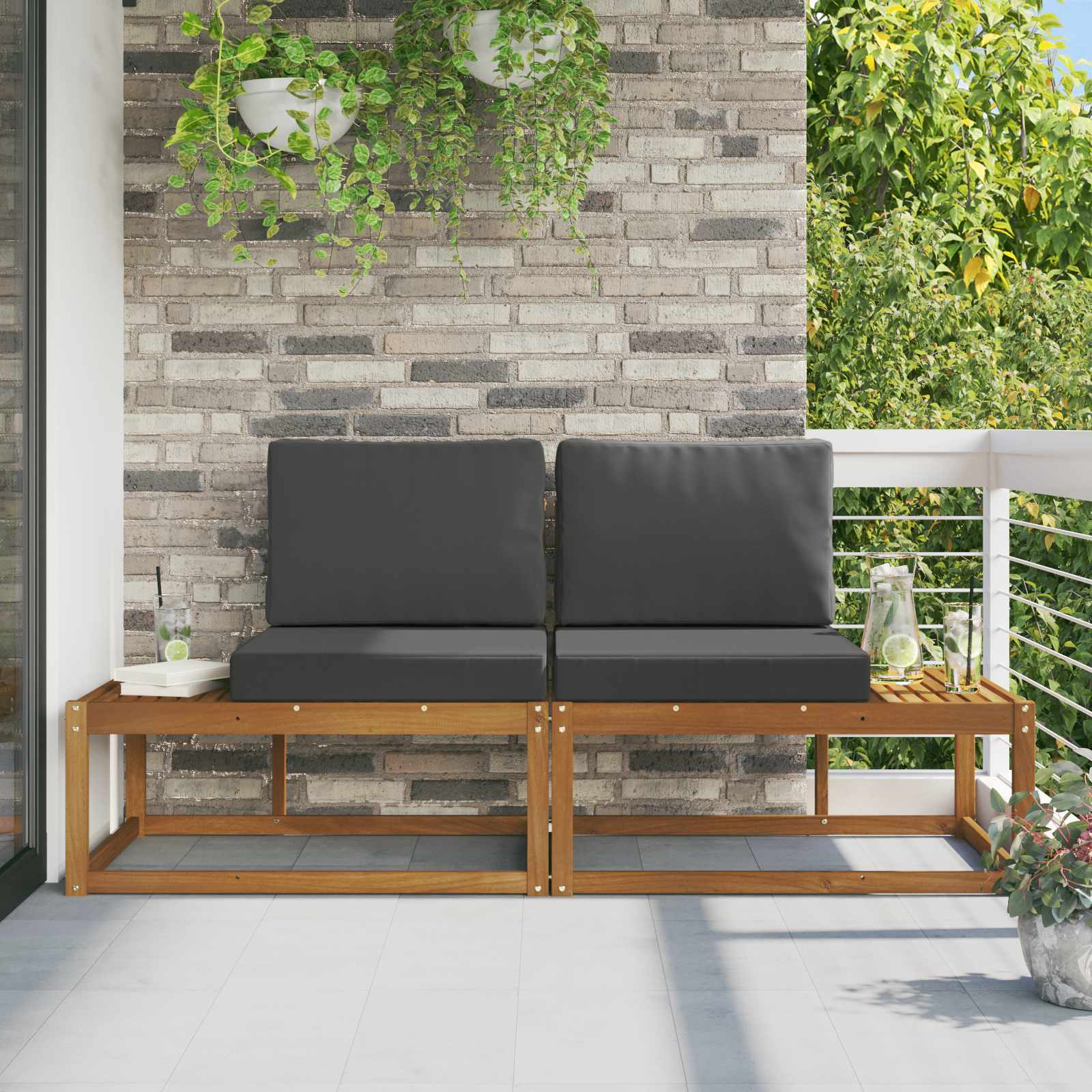 vidaXL Outdoor End Sofa 2 Stück Natur und Anthrazit Massivholz Akazie