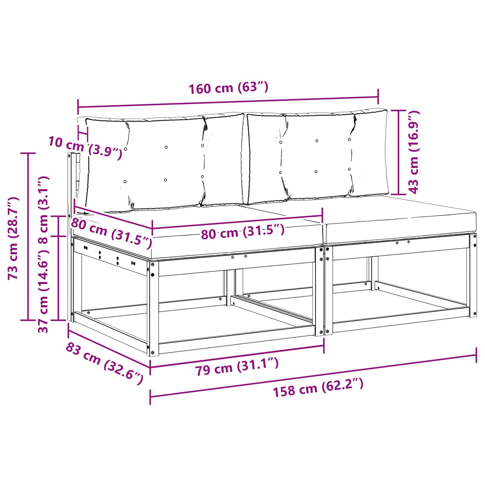 Buiten Midden Sofa met kussen 2 Stuk Naturel Massief Acaciahout image 9