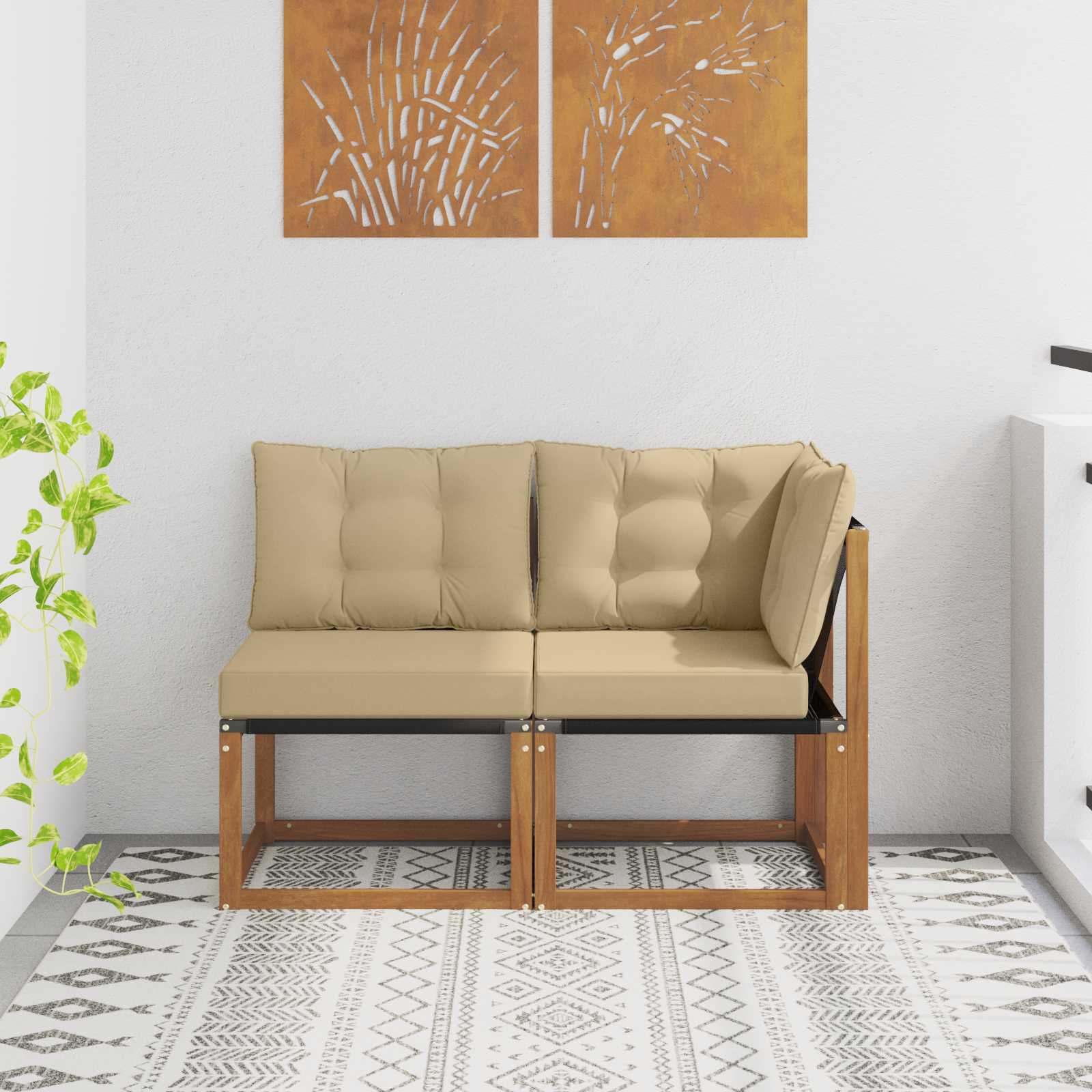 vidaXL Outdoor Mittel- und Ecksofa mit Kissen 2 Stück Natur